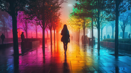 Fototapeta premium Neon Rain: A Walk Through a Vibrant, Futuristic Cityscape