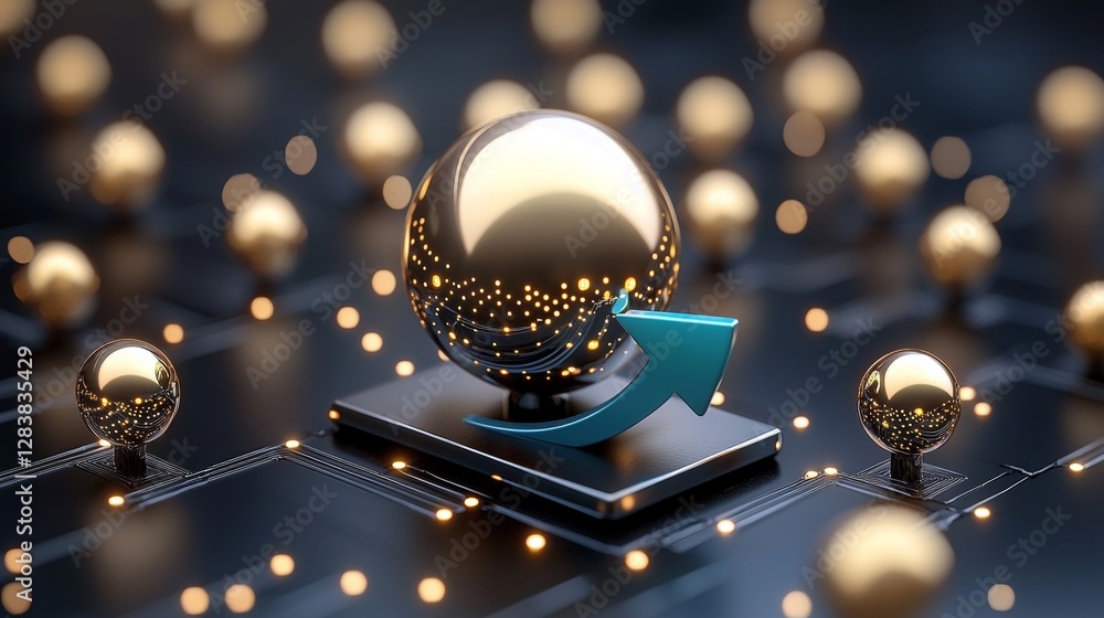 Poster dynamic golden sphere revolution virtual technological landscape abstract conceptual art futuristic 