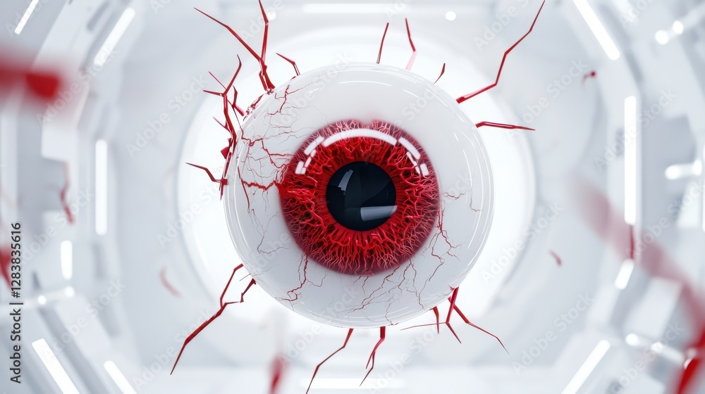 Poster abstract close-up of a white eye with red veins in a futuristic environment highlighting anatomical 