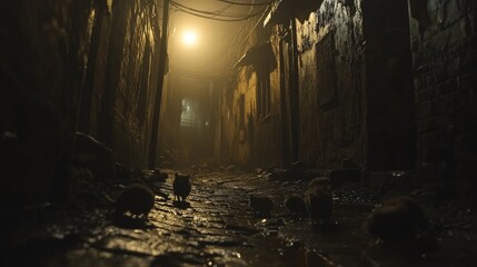 Rats in dark alleyway, foggy night, urban decay, film noir style, for thriller movie