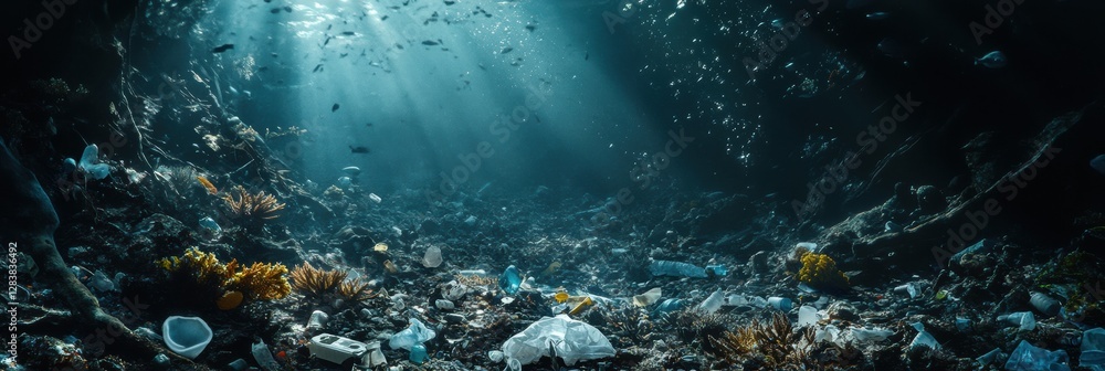 Poster underwater view of decaying corals surrounded by plastic waste illuminated by dim sunlight. generati