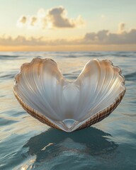 Fototapeta premium Elegant open giant clam seashell podium facing forward, floating on a serene ocean, perfect for luxury product display.
