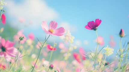  Close-up of vibrant wildflowers, including pink cosmos, green grass, and bright colors. Bokeh effect and natural sunlight create a dreamy summer atmosphere.
