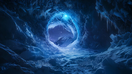 Mystic ice cave illuminated, a journey through frozen depths to a radiant portal of light beckoning explorers to unknown wonders. Portal to the Netherworld. Illustration