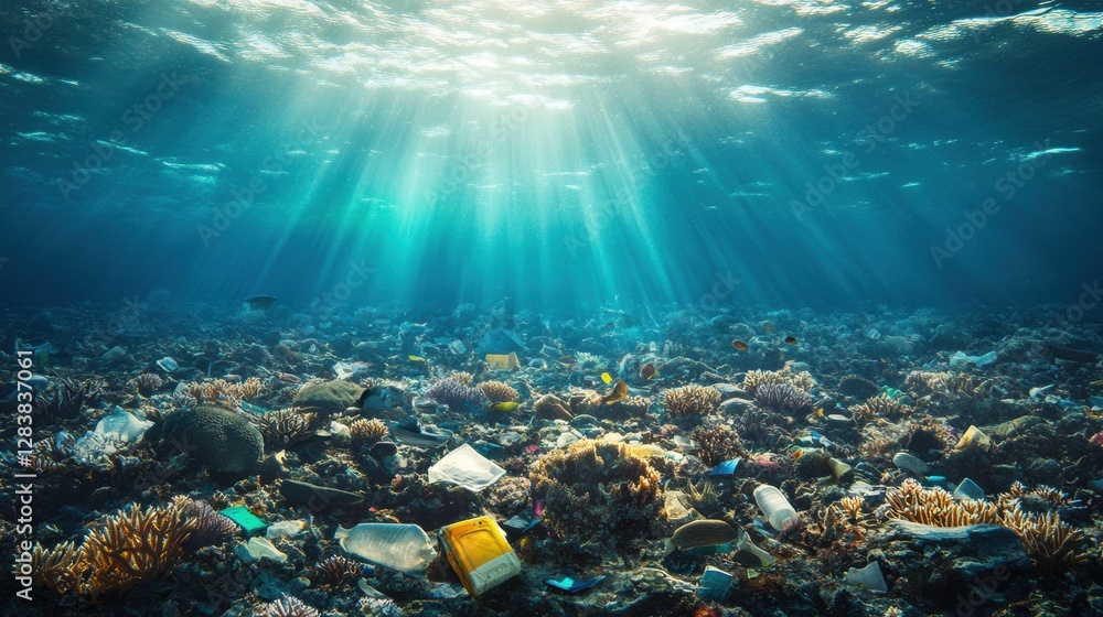 Poster underwater view of dead corals surrounded by plastic waste illuminated by dim light rays. generative