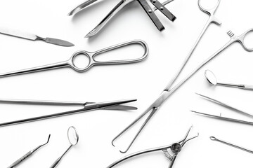 Surgery equipment and metal tools on white background, top view. Medical instruments