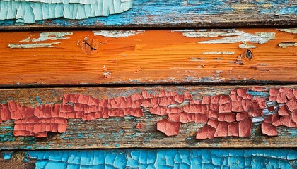 Close-up of cracked and peeling layers of colorful old paint on a wooden surface, creating a textured, weathered effect with vibrant hues underneath.