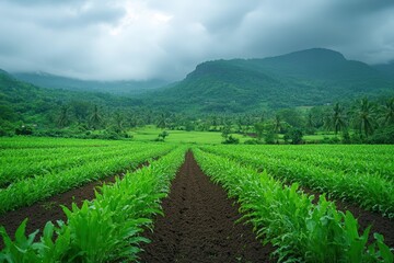 Lush Green Cornfield Scenic Mountain View