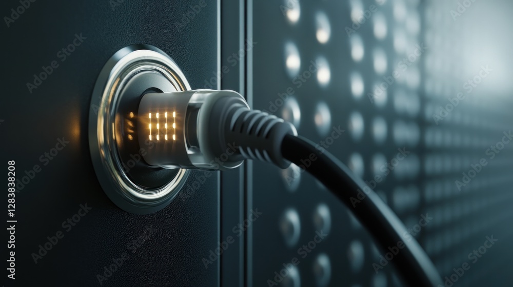 Poster network cable plugged into server rack port for high-speed data transfer