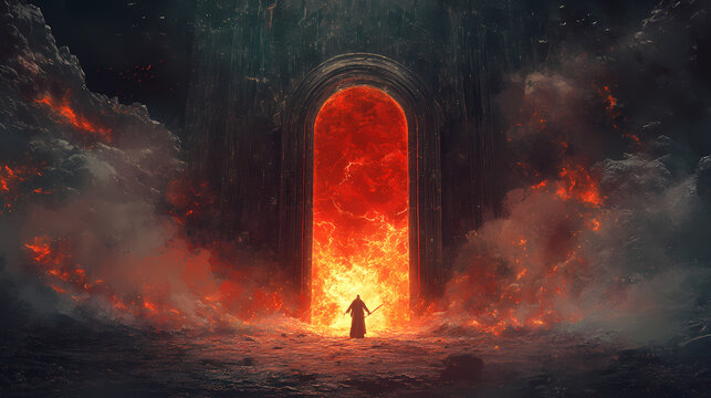 Warlock opening a portal to the nether realm. Portal to the Netherworld. Illustration