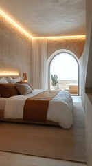 modern bedroom featuring luxurious design with warm tones, soft bedding, and stunning view through arched window. space is illuminated with ambient lighting, creating cozy