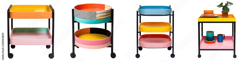 Poster vibrant modular storage shelves and display racks on wheels with geometric patterns and bright paste