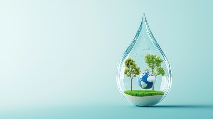 Ecological concept of world within a water droplet showcasing environment, trees, grass, and earth against a serene background for sustainability themes