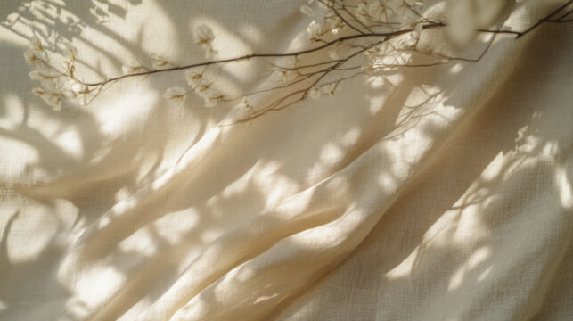 Soft fabric with delicate shadows and floral accents creates serene atmosphere