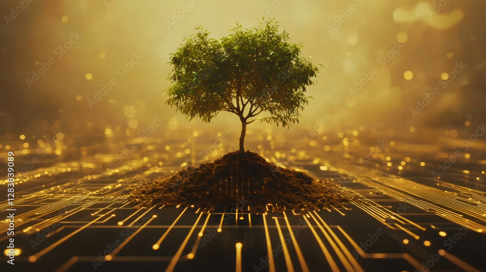 Poster electronic circuit board featuring verdant tree sprouting, symbolizing green tech innovation and eco