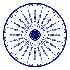 Wheel icon isolated over white background.Wheel with spokes vector icon.Modern ashok chakra graphic element icon isolated over white background.Chakra wheel with twenty four spokes.