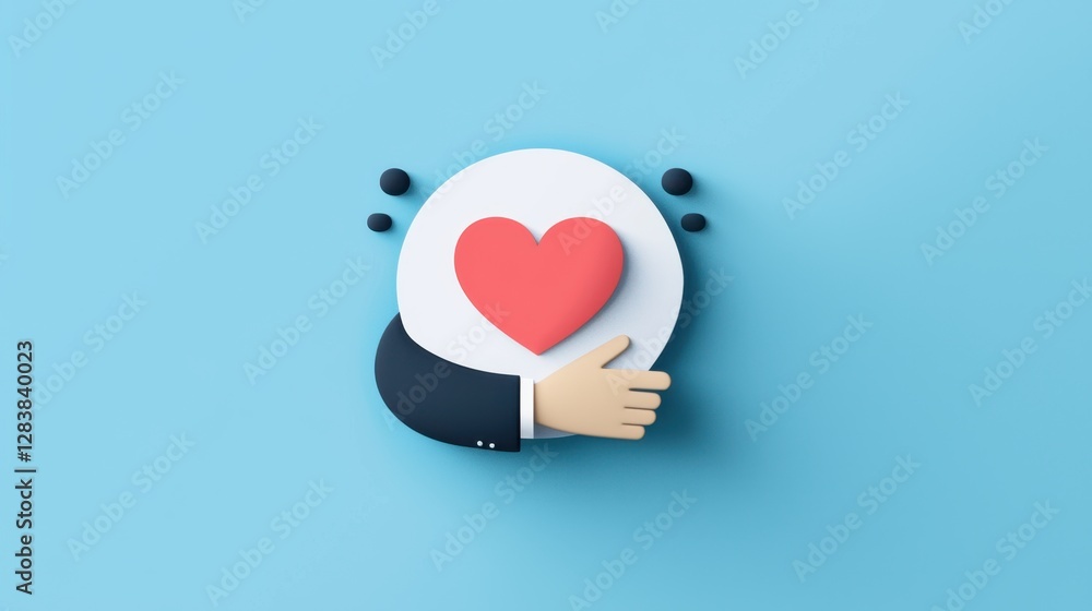 Poster abstract representation of a hand hugging a heart symbol on a soft blue background conveying love, c