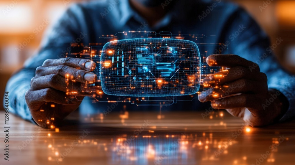 Aufkleber man holding device displaying virtual metaverse digital technology concept in cyber world environmen