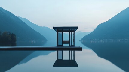 A toll booth near a tranquil lake surrounded by mountains. Featuring no cars and soft twilight