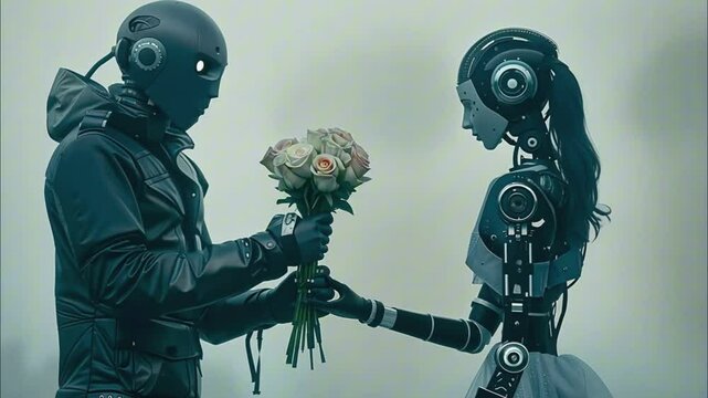 Male robot gives flowers to female robot in gray deserted space. romantic rendezvous. Scary future, apocalypse.