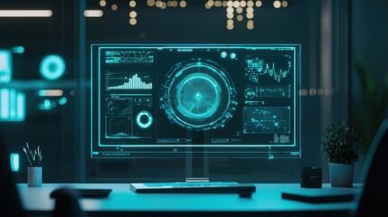 Fototapeta premium Futuristic data visualization on a transparent computer screen in a modern office environment with dynamic graphs and glowing interface elements
