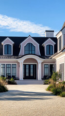 Luxurious pink shingle style house with elegant architecture and large windows. entrance features grand porch and landscaped surroundings, perfect for relaxation