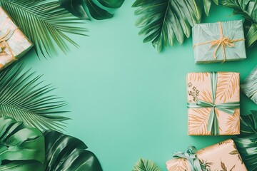 Colorful Gifts Arranged in a Flat Lay on a Green Tabletop Ideal for Celebrations and Surprises
