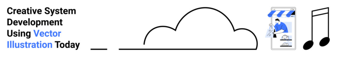 Cloud shape, e-commerce package, music note, and text highlight digital storage, online shopping, creative systems. Ideal for technology, media, e-commerce streaming data services app UI flat