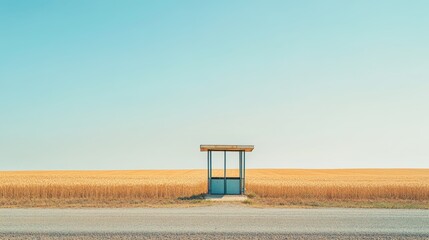 A toll booth near a vast field of golden wheat. Featuring no cars and soft midday sunlight