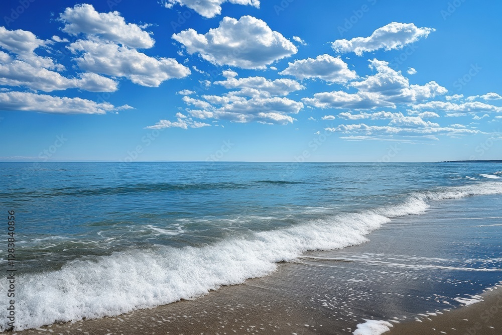 Poster calm waves lapping at the shore under a bright blue sky with scattered clouds in the late afternoon.