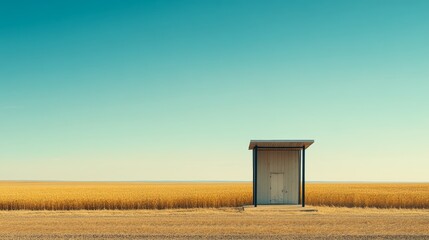 A toll booth near a vast field of golden wheat. Featuring no cars and soft midday sunlight