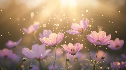 A delicate springtime scene showcasing blooming pink flowers with glowing pollen particles floating in the sunlight, embodying the essence of renewal, nature's beauty, and the vibrant energy of spring