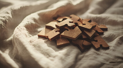 Wooden puzzle pieces scattered on a textured fabric, bathed in warm, diffused sunlight. Brain teaser.