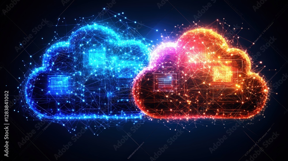 Poster colorful clouds connected by lines and dots representing networking technology and big data concepts