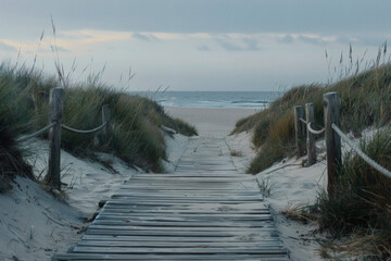 H&ouml;lzerner Weg durch D&uuml;nen und Str&auml;ucher zum Strand mit Blick aufs Meer &ndash; Natur, Strand, K&uuml;stenlandschaft, Wanderung, Ruhe, Erholung, Outdoor, Meerblick, Sommer