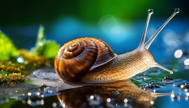 Macro photograph of a snail crawling on a wet surface, with its translucent antennae and spiral shell glistening with moisture.