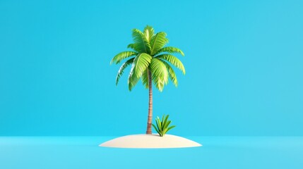 Tropical Island Scene with Palm Tree and Green Plant on a Bright Blue Background, Perfect for Summer and Vacation Themes