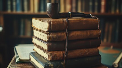 Vintage Books and Pipe on Wooden Table in Cozy Library Setting