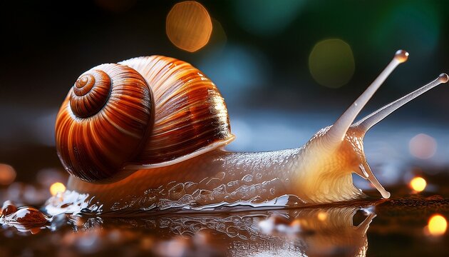 Macro photograph of a snail crawling on a wet surface, with its translucent antennae and spiral shell glistening with moisture.