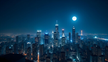 Obraz premium A modern urban skyline at night with illuminated skyscrapers, glowing city lights, and a starry sky above