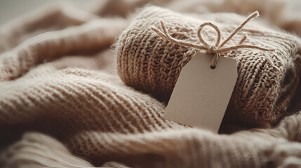 Cozy knitwear with blank tag resting on folded sweater, soft textures and neutral tones in gentle light.