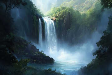 A dramatic waterfall cascading into a misty pool