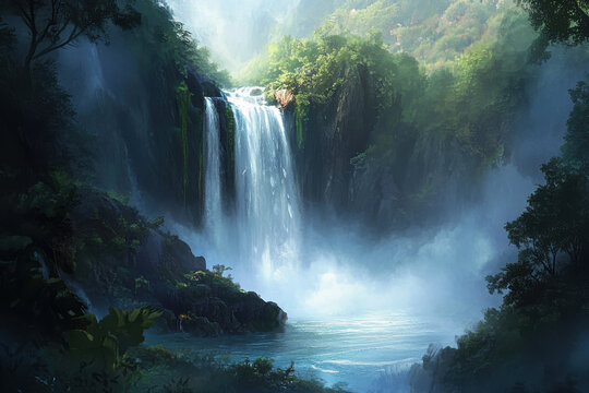 A dramatic waterfall cascading into a misty pool