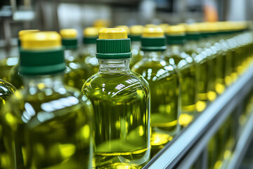 Olive Oil Production: High-Quality Olive Oil Bottling Line in a Modern Factory.  See the industrial process of bottling and packaging olive oil.