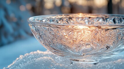 Captivating glass bowl illuminated by soft winter light outdoors nature photography serene snowy environment close-up view artistic reflection