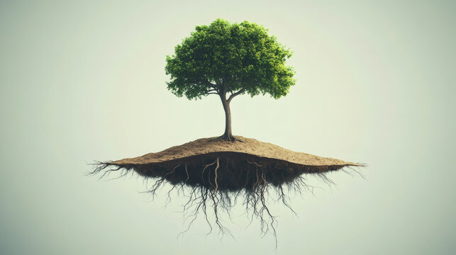 Isolated tree rooting on floating landmass, suspended roots representing environmental fragility and preservation concerns