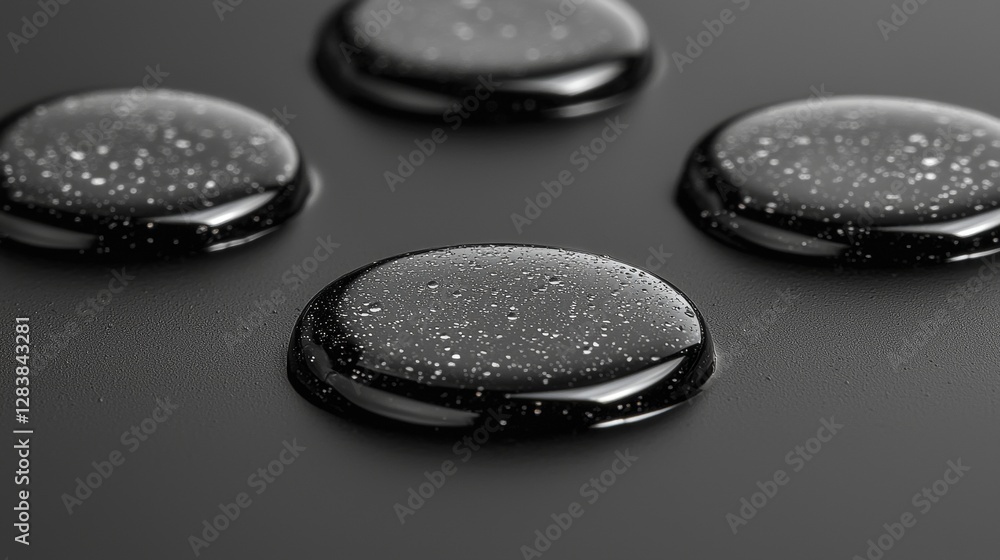 Poster liquid droplets collecting on a smooth surface close-up capture abstract art studio setting minimali