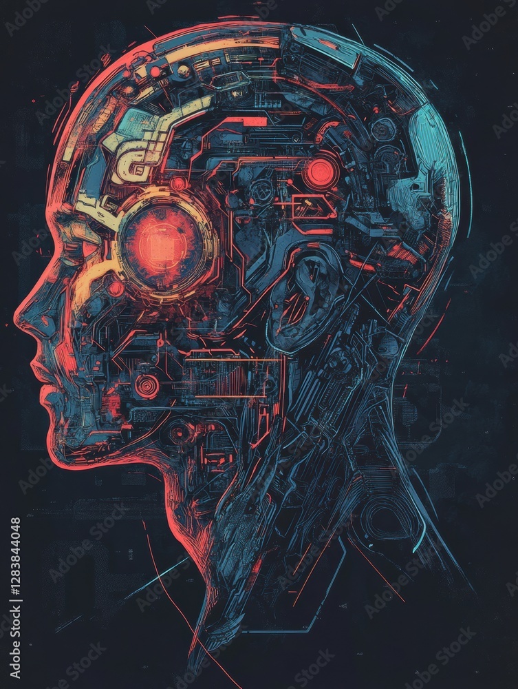 Leinwandbilder half organic, half mechanical head outline merging with an ai powered machine featuring detailed cyb