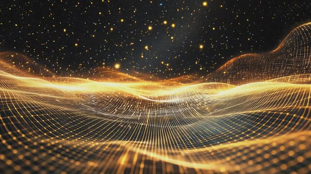 Digital Golden Landscape: A captivating digital landscape of flowing golden lines, creating a sense of depth and motion, with sparkling particles of light dancing in the dark background.