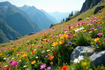 Fototapeta premium a colorful array of wildflowers scattered across a mountain slope, colorful flowers, blooming flowers, rocky terrain